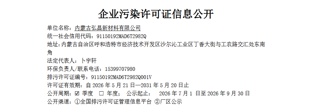内蒙古弘昌新材料有限公司污染许可证信息公开